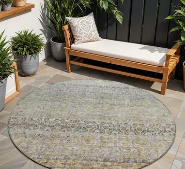 8' Blue Green And Gold Round Floral Washable Indoor Outdoor Area Rug