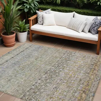 8' X 10' Blue Green And Gold Floral Washable Indoor Outdoor Area Rug
