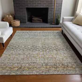 10' X 14' Blue Green And Gold Floral Washable Indoor Outdoor Area Rug