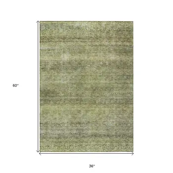 3' X 5' Artichoke Green Brown And Gray Striped Washable Indoor Outdoor Area Rug