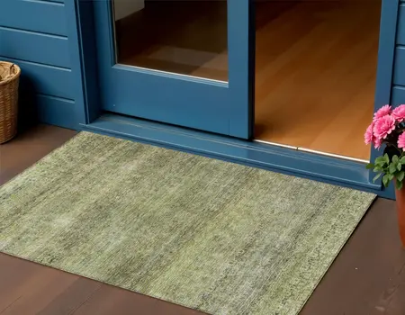 3' X 5' Artichoke Green Brown And Gray Striped Washable Indoor Outdoor Area Rug