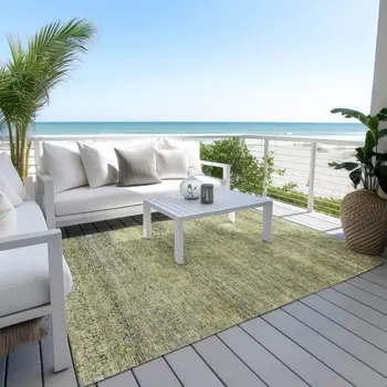 3' X 5' Artichoke Green Brown And Gray Striped Washable Indoor Outdoor Area Rug
