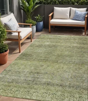 5' X 8' Artichoke Green Brown And Gray Striped Washable Indoor Outdoor Area Rug
