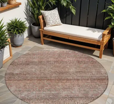 8' Coral And Black Round Striped Washable Indoor Outdoor Area Rug