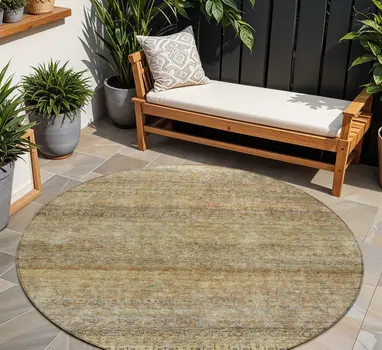 8' Wheat And Brown Round Striped Washable Indoor Outdoor Area Rug