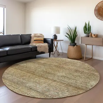 8' Wheat And Brown Round Striped Washable Indoor Outdoor Area Rug