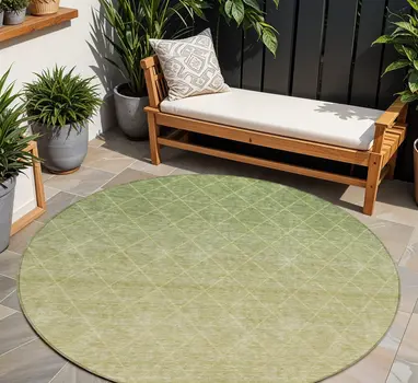 8' Artichoke Green And Beige Round Geometric Washable Indoor Outdoor Area Rug