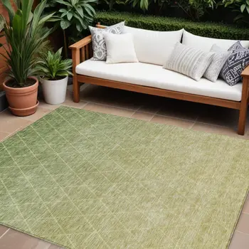 8' X 10' Artichoke Green And Beige Geometric Washable Indoor Outdoor Area Rug