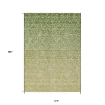 10' X 14' Artichoke Green And Beige Geometric Washable Indoor Outdoor Area Rug