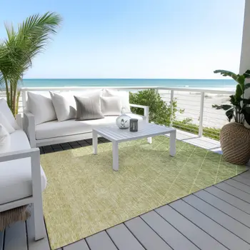 10' X 14' Artichoke Green And Beige Geometric Washable Indoor Outdoor Area Rug