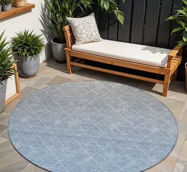 8' Blue And Gray Round Geometric Washable Indoor Outdoor Area Rug