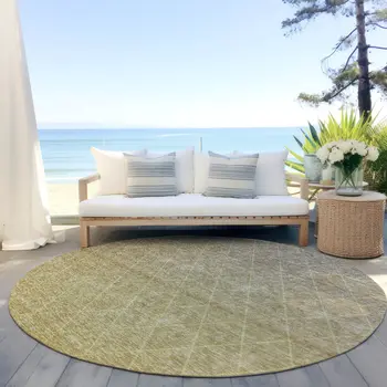 8' Gold And Gray Round Geometric Washable Indoor Outdoor Area Rug