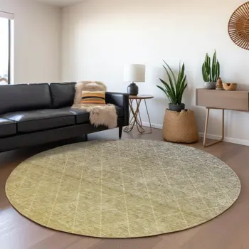 8' Gold And Gray Round Geometric Washable Indoor Outdoor Area Rug