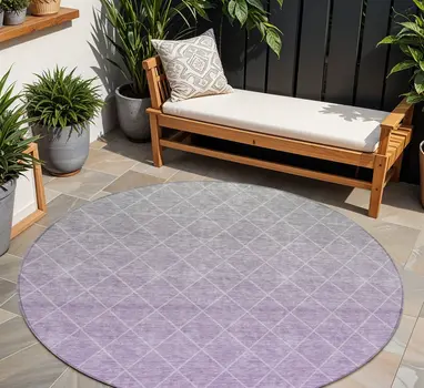 8' Lavender And Gray Round Geometric Washable Indoor Outdoor Area Rug