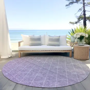 8' Lavender And Gray Round Geometric Washable Indoor Outdoor Area Rug