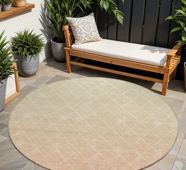 8' Salmon And Beige Round Geometric Washable Indoor Outdoor Area Rug