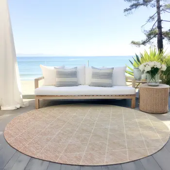 8' Salmon And Beige Round Geometric Washable Indoor Outdoor Area Rug