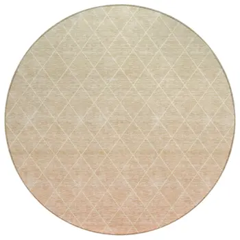 8' Salmon And Beige Round Geometric Washable Indoor Outdoor Area Rug