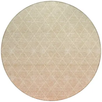 8' Salmon And Beige Round Geometric Washable Indoor Outdoor Area Rug