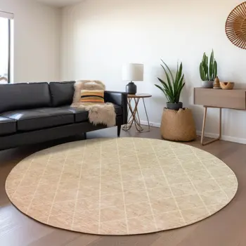 8' Salmon And Beige Round Geometric Washable Indoor Outdoor Area Rug