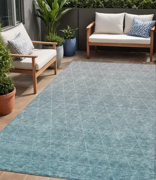 5' X 8' Teal Blue And Gray Geometric Washable Indoor Outdoor Area Rug