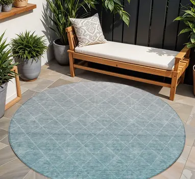 8' Teal Blue And Gray Round Geometric Washable Indoor Outdoor Area Rug