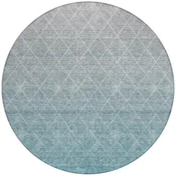 8' Teal Blue And Gray Round Geometric Washable Indoor Outdoor Area Rug