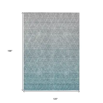 10' X 14' Teal Blue And Gray Geometric Washable Indoor Outdoor Area Rug