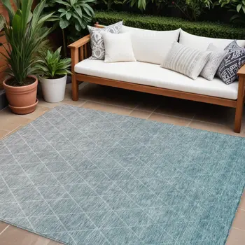 10' X 14' Teal Blue And Gray Geometric Washable Indoor Outdoor Area Rug