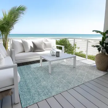 10' X 14' Teal Blue And Gray Geometric Washable Indoor Outdoor Area Rug