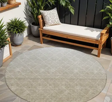 8' Taupe And Gray Round Geometric Washable Indoor Outdoor Area Rug