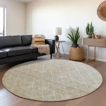 8' Taupe And Gray Round Geometric Washable Indoor Outdoor Area Rug