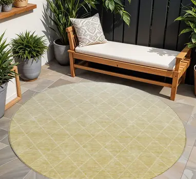 8' Wheat And Beige Round Geometric Washable Indoor Outdoor Area Rug