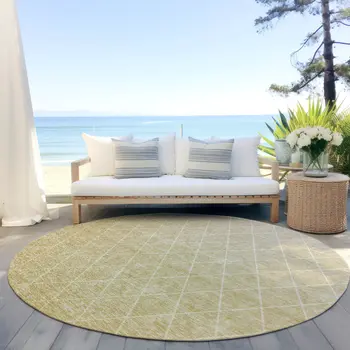 8' Wheat And Beige Round Geometric Washable Indoor Outdoor Area Rug