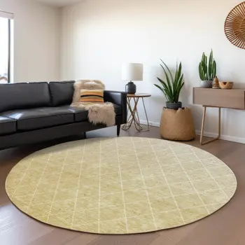 8' Wheat And Beige Round Geometric Washable Indoor Outdoor Area Rug