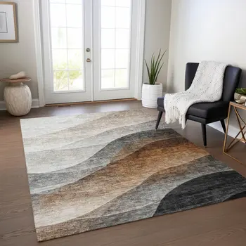 3' X 5' Khaki Black And Terra Cotta Abstract Washable Indoor Outdoor Area Rug