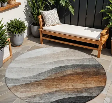 8' Khaki Black And Terra Cotta Round Abstract Washable Indoor Outdoor Area Rug