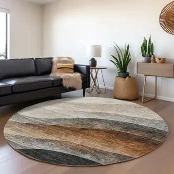8' Khaki Black And Terra Cotta Round Abstract Washable Indoor Outdoor Area Rug