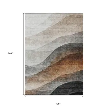 9' X 12' Khaki Black And Terra Cotta Abstract Washable Indoor Outdoor Area Rug