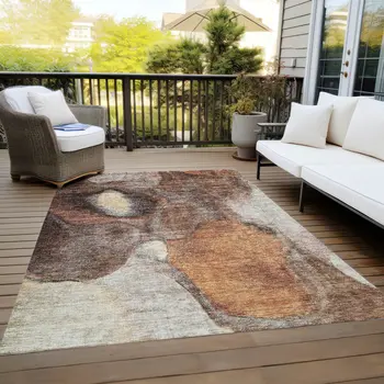 5' X 8' Coffee Copper And Beige Abstract Washable Indoor Outdoor Area Rug