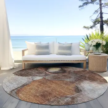 8' Coffee Copper And Beige Round Abstract Washable Indoor Outdoor Area Rug