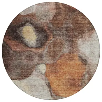 8' Coffee Copper And Beige Round Abstract Washable Indoor Outdoor Area Rug