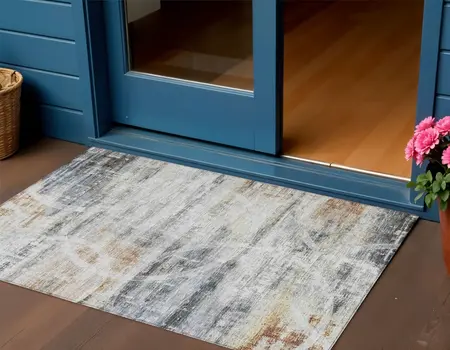 3' X 5' Silver Copper And Ivory Geometric Washable Indoor Outdoor Area Rug