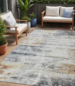 5' X 8' Silver Copper And Ivory Geometric Washable Indoor Outdoor Area Rug