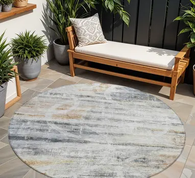 8' Silver Copper And Ivory Round Geometric Washable Indoor Outdoor Area Rug