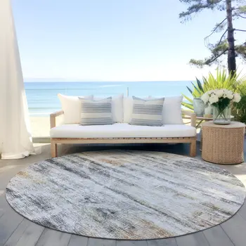 8' Silver Copper And Ivory Round Geometric Washable Indoor Outdoor Area Rug