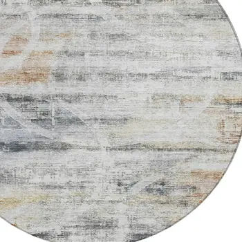 8' Silver Copper And Ivory Round Geometric Washable Indoor Outdoor Area Rug