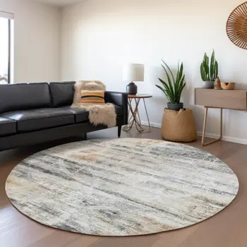 8' Silver Copper And Ivory Round Geometric Washable Indoor Outdoor Area Rug
