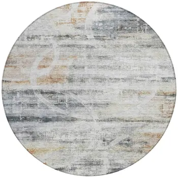 8' Silver Copper And Ivory Round Geometric Washable Indoor Outdoor Area Rug