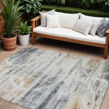 8' X 10' Silver Copper And Ivory Geometric Washable Indoor Outdoor Area Rug